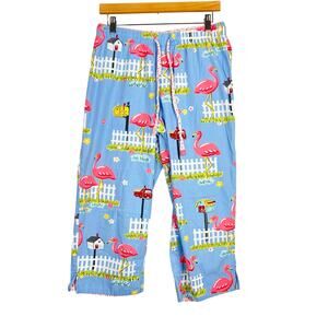 Nick and Nora S Cotton Wide Leg Flamingo Drawstring Pajama Pants Cropped
